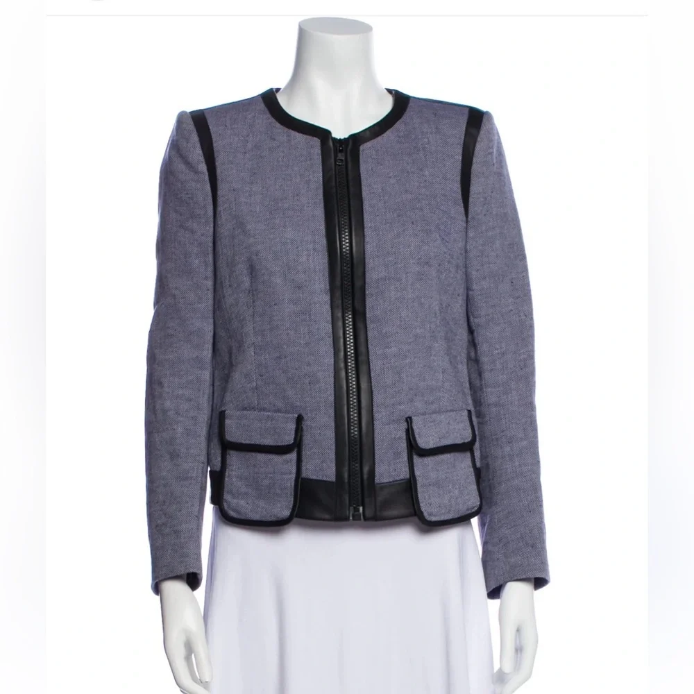 • Sandro Paris • Women’s Zip Up Blazer Jacket Blue & Black Lamb Leather Lining
